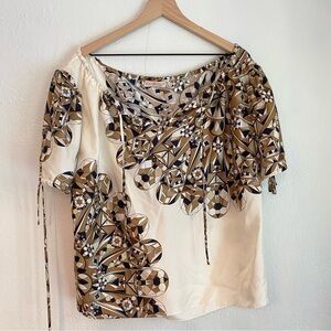 TORY BURCH "ALYSSA" SILK BOATNECK GEO PRINTED TOP BLOUSE SZ 8